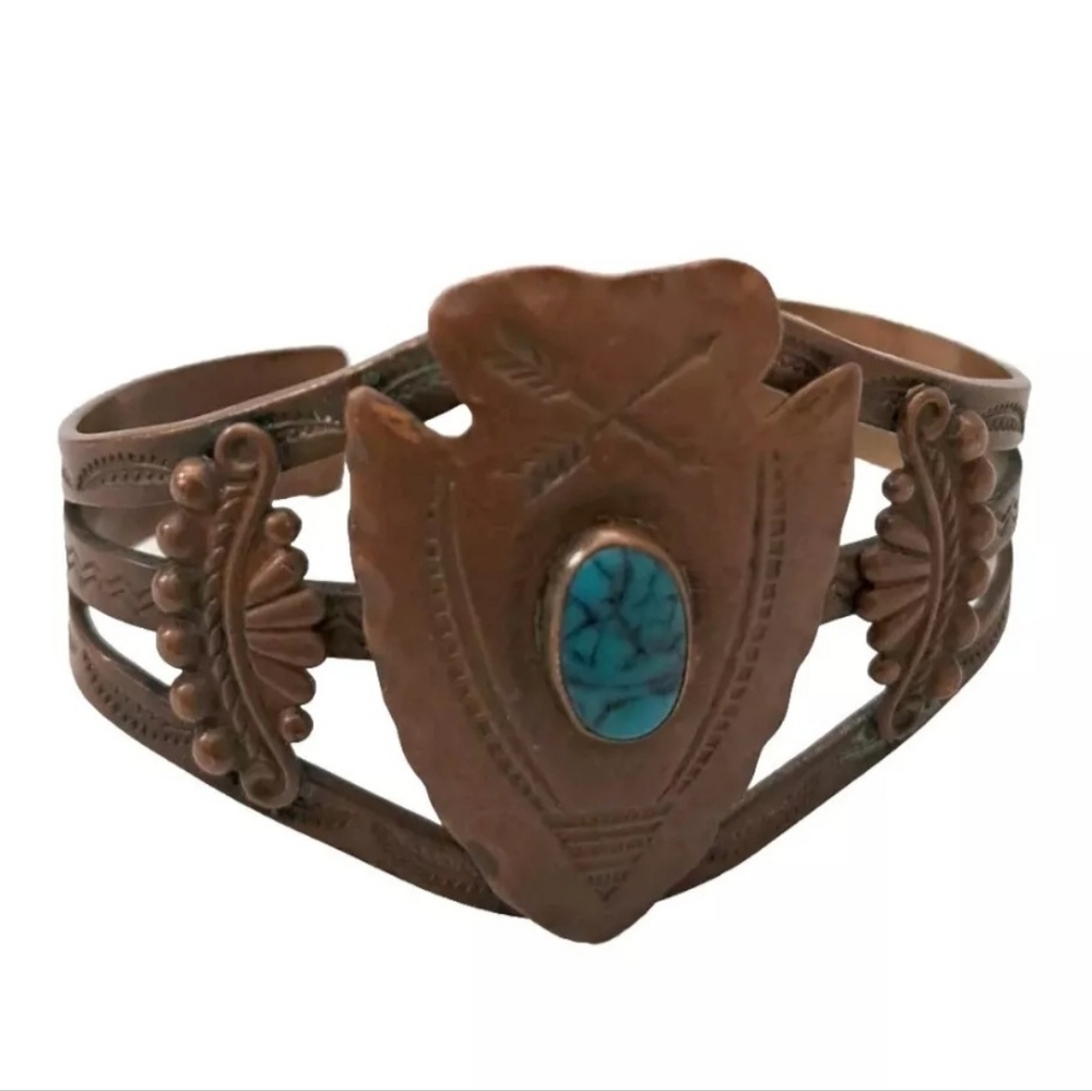 Vintage Native American Copper Cuff Bracelet Turquoise Stone Not Stamped